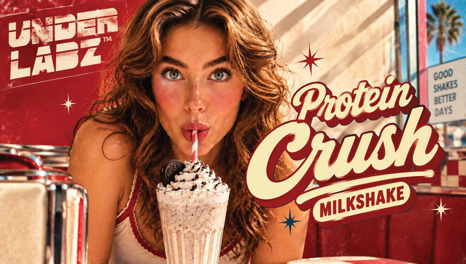 Campanha Protein Crush Milkshake da Under Labz, inspirada nas lanchonetes dos anos 1950