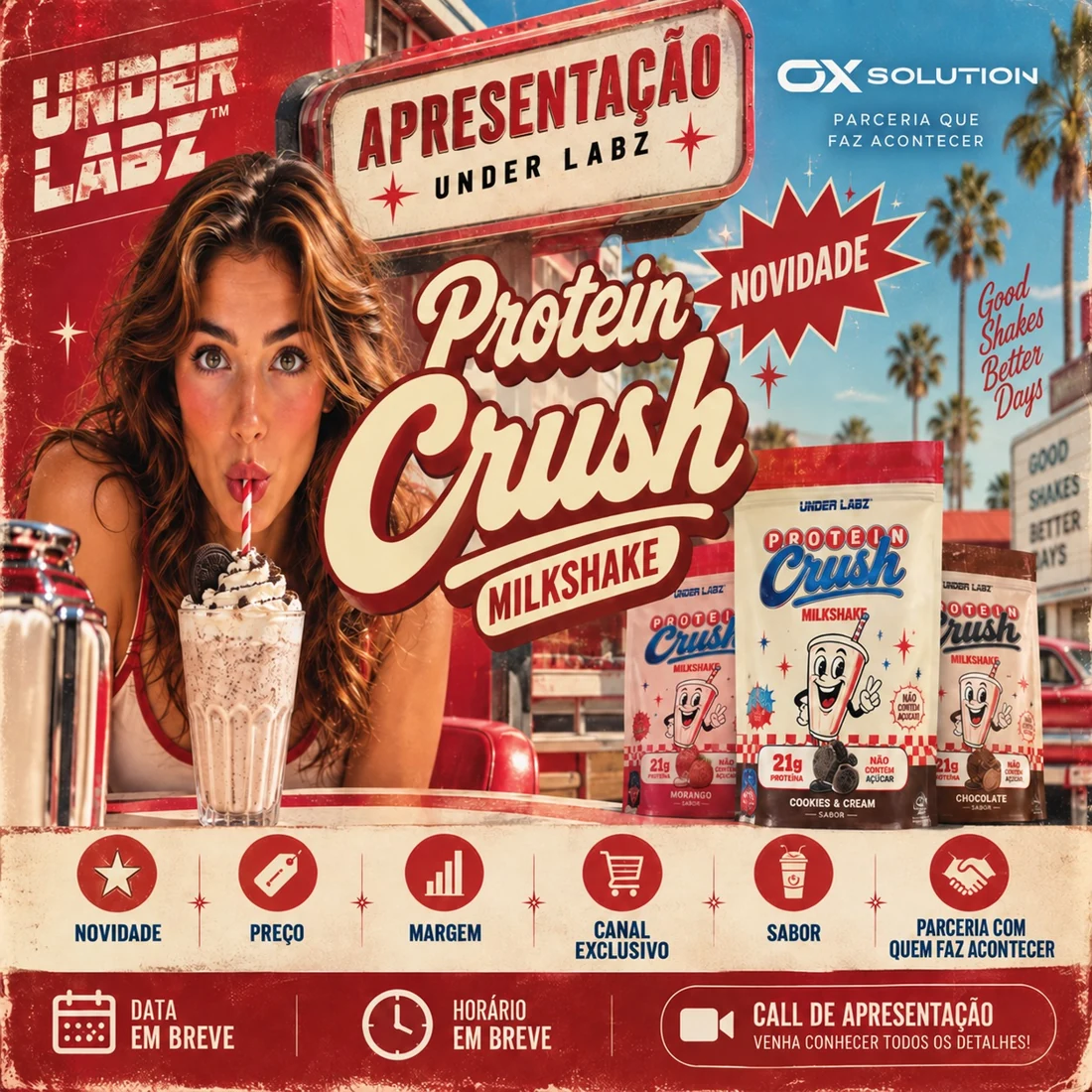 Convite da campanha: apresentação Under Labz Protein Crush Milkshake com a Ox Solution. Data e horário em breve.